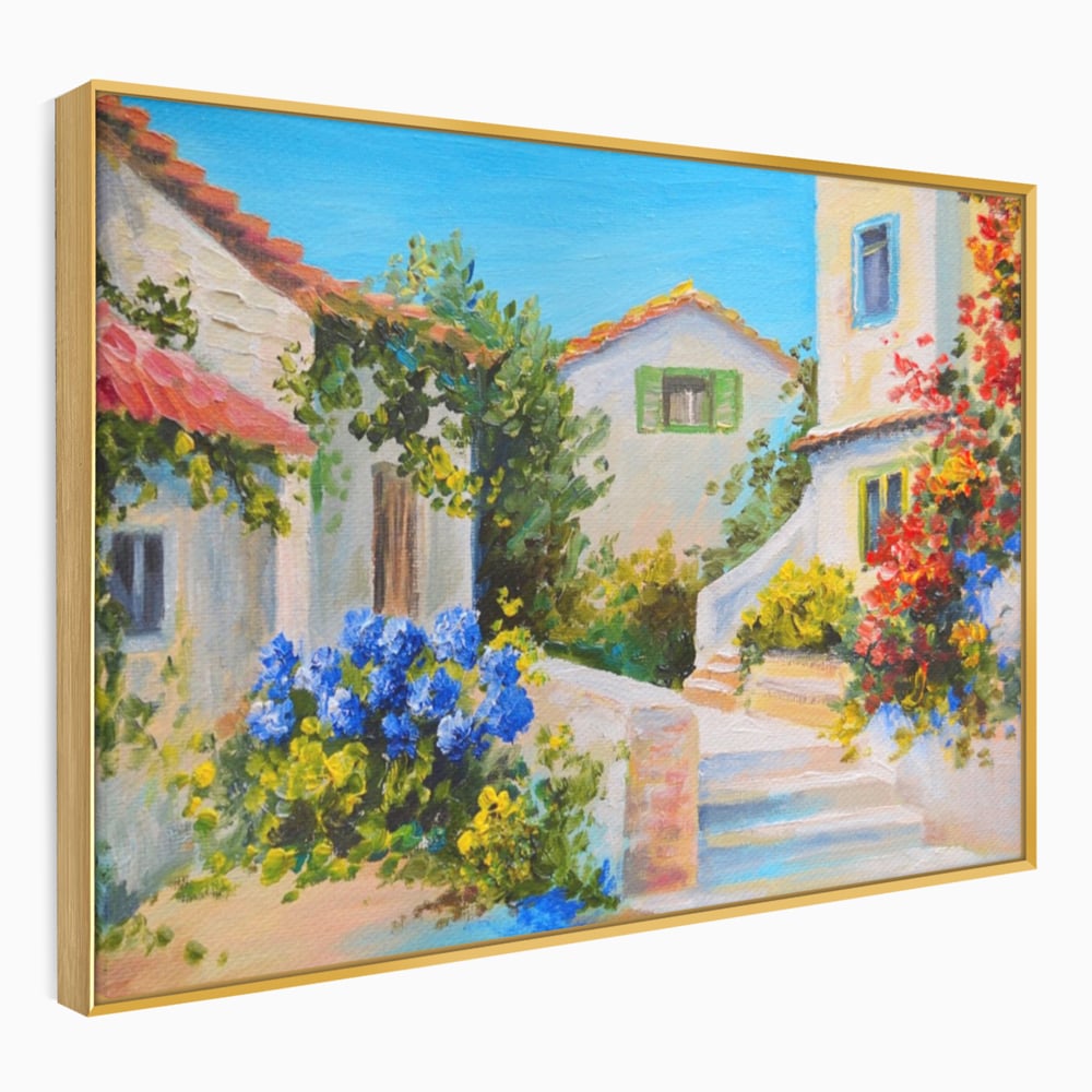 Tablou canvas cu pictura peisaj mediteranean cu case, in rama de aluminiu auriu
